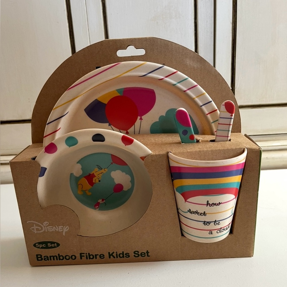 New Zrike Brands Disney Pooh Rainbow 5pc Bamboo Dining Set Standard Kids Dishes